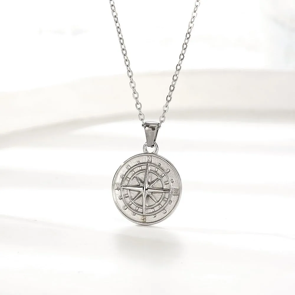 Female Compass Pendant Necklace Navigator Forged Jewelry In Stainless Steel