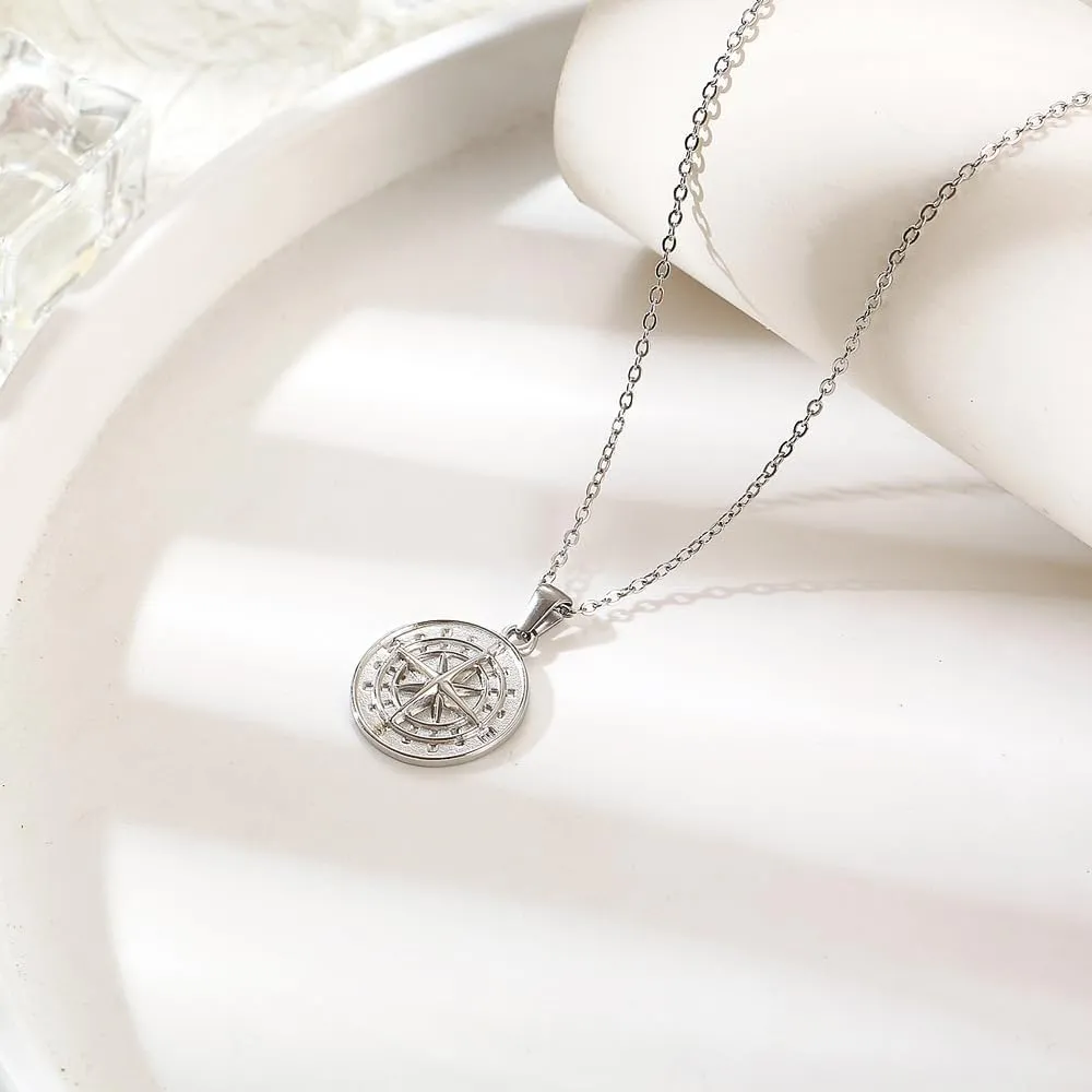 Female Compass Pendant Necklace Navigator Forged Jewelry In Stainless Steel