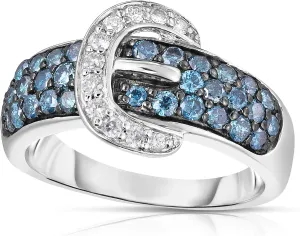 Femme Luxe 1.00 Carat Bellisa Blue & White Diamonds Buckle Statement Ring in Sterling Silver, Size 7