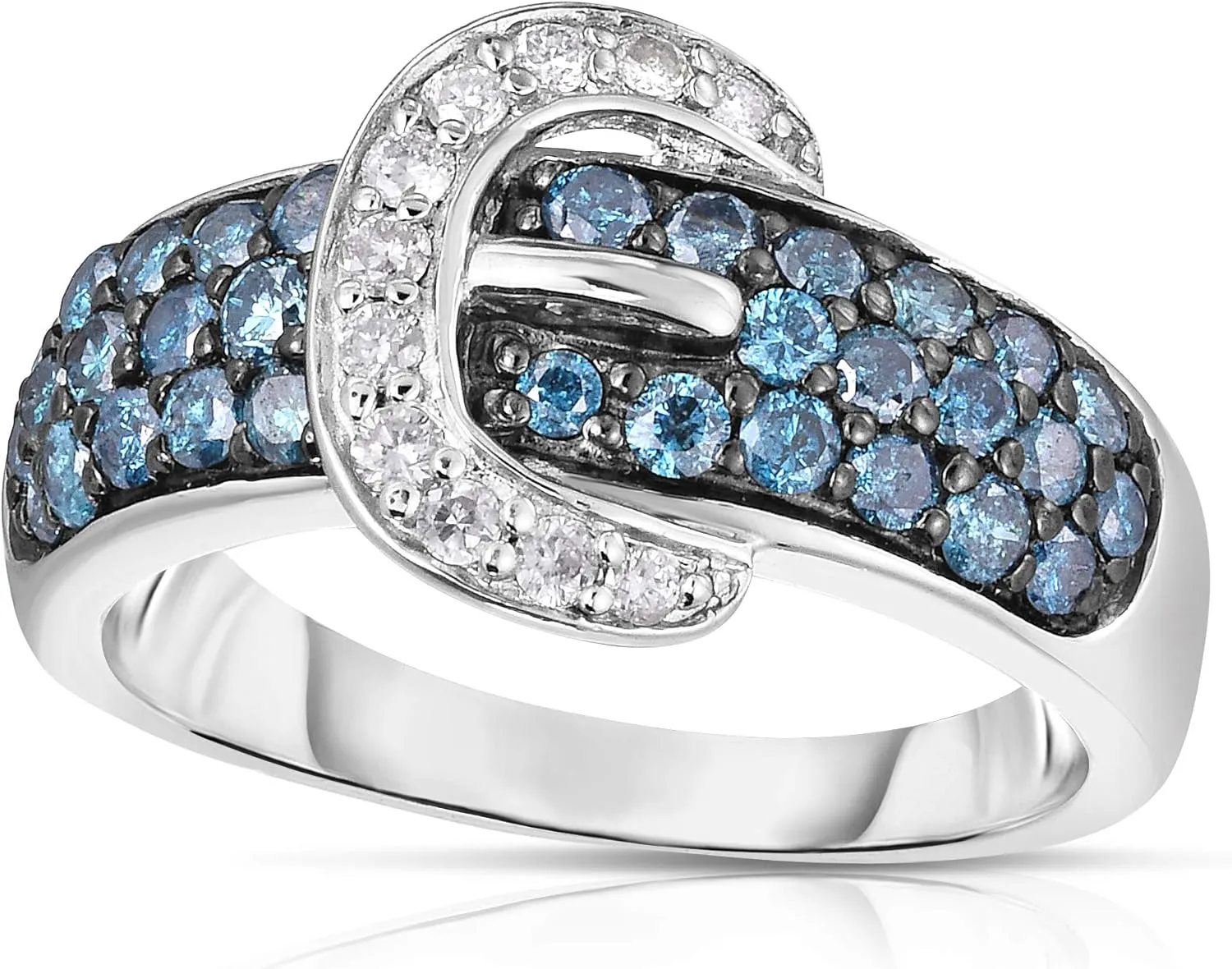 Femme Luxe 1.00 Carat Bellisa Blue & White Diamonds Buckle Statement Ring in Sterling Silver, Size 7