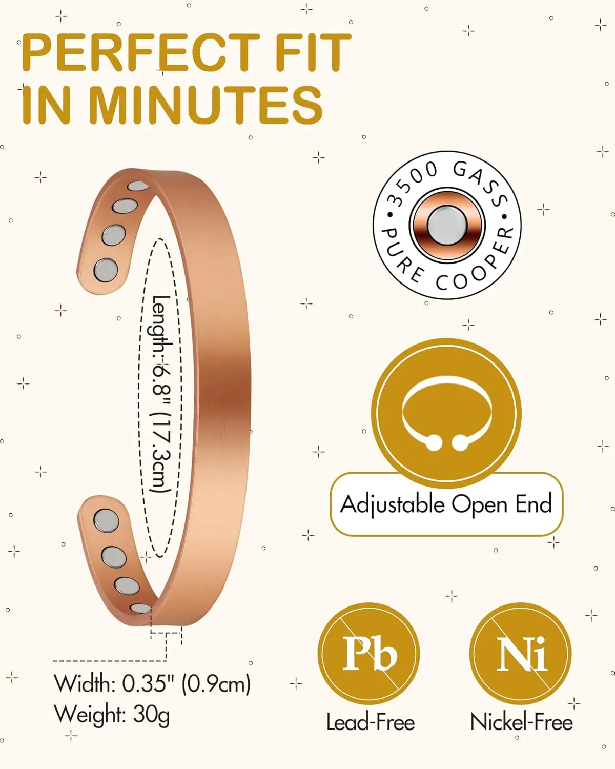 Feraco Copper Magnetic Bracelet for Men Women, 99.99% Pure Copper Cuff Bangle with Effective Neodymium Magnets, Adjustable Jewelry Gifts