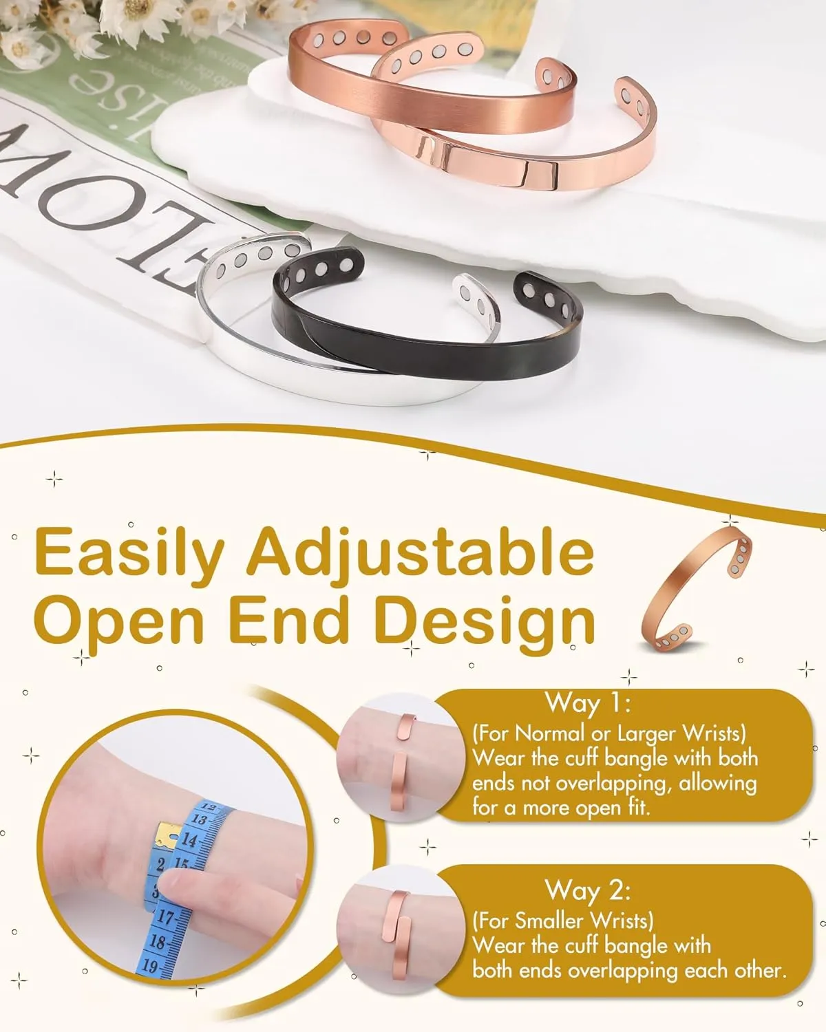 Feraco Copper Magnetic Bracelet for Men Women, 99.99% Pure Copper Cuff Bangle with Effective Neodymium Magnets, Adjustable Jewelry Gifts
