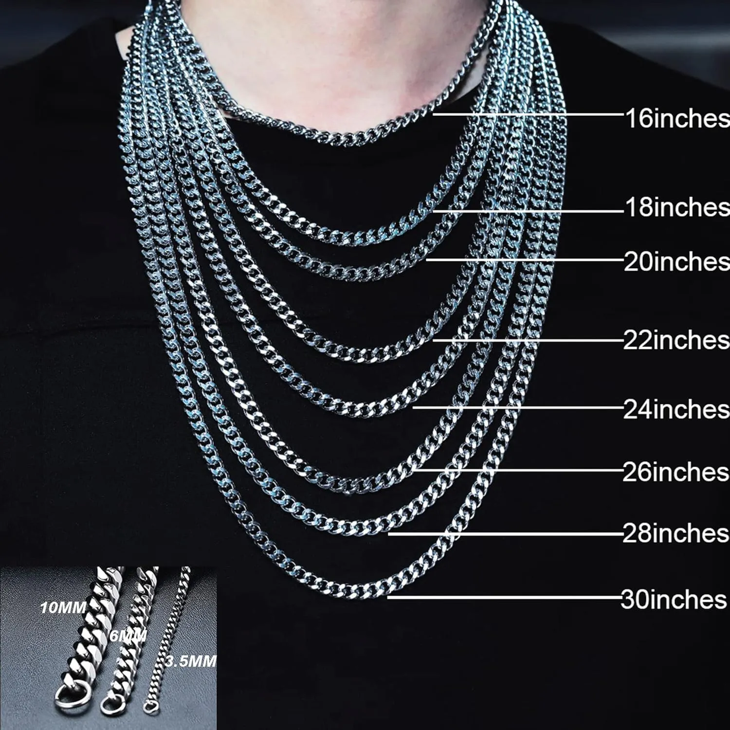 FIBO STEEL 3.5-10mm Stainless Steel Cuban Necklace Mens Women Curb Link Chain, 16-30 inches