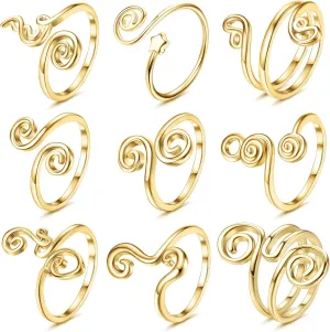 FIBO STEEL 9 Pcs Adjustable Toe Rings for Women Open African Toe Rings Summer Beach Foot Jewelry