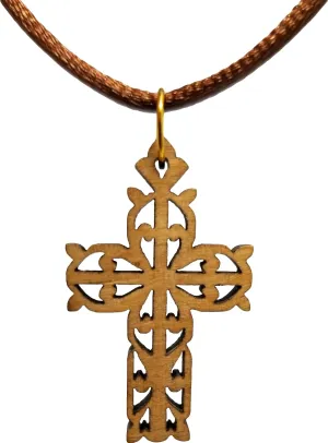 Filigree Cross, Wooden Cross Necklace for Men & Women, Certified Holy Land Olive Wood Orthodox Pendant Necklace from Bethlehem Israel, Christian & Catholic Religious Keepsake Gift
