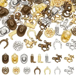 FINGERINSPIRE 90 Pcs Western Cowboy Charms Pendants 5 Styles 3 Colors Alloy Cowboy Horse Theme Charms Tibetan Style Horses Boots Hats Horseshoes Pendant for Jewelry Making Bracelet Necklace Key Chain