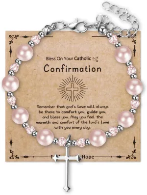 First Holy Communion Bracelets for Women: Personalized Catholic Religious Virgin Mary Cross Charm Medal Pearl Beads Chain Baptism Confirmation Easter Gifts To My Daughter Goddaughter