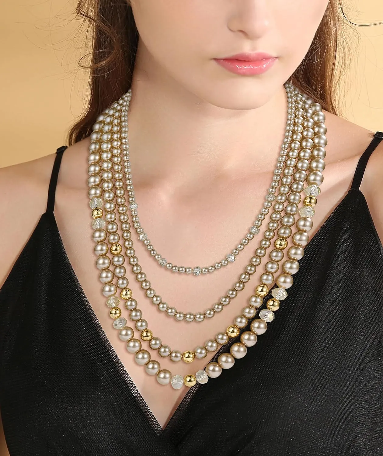 Firstmeet Layered Vintage Imitation Pearl Choker Necklace Elegant Bridal Jewelry Set with Matching Earrings