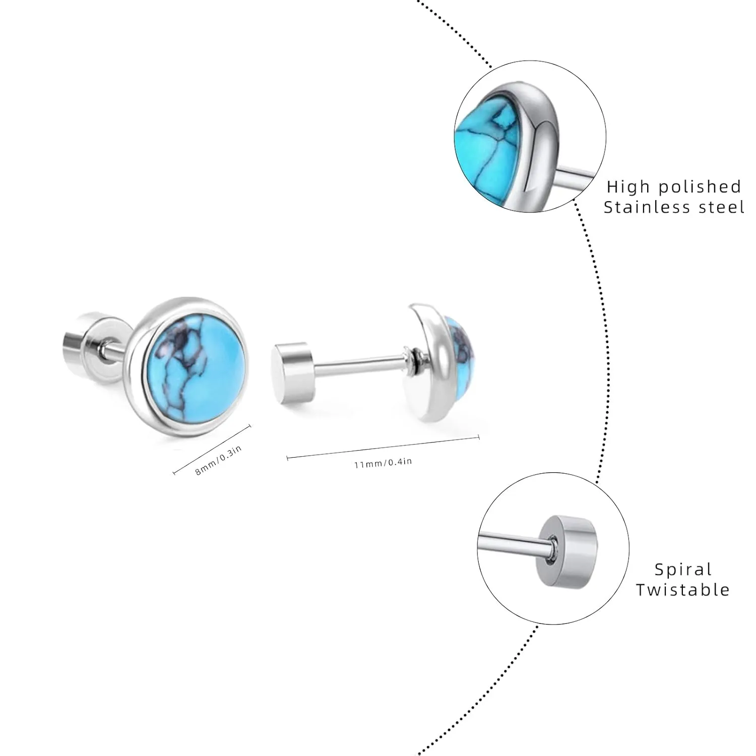 Flat Screw Back Cartilage Earrings for Women,8mm Stainless Steel Helix Studs Minimalist Piercing Jewelry Gifts Hypoallergenic Stud Earringsfor Girls Mom Wife Girlfriend (Silver White)