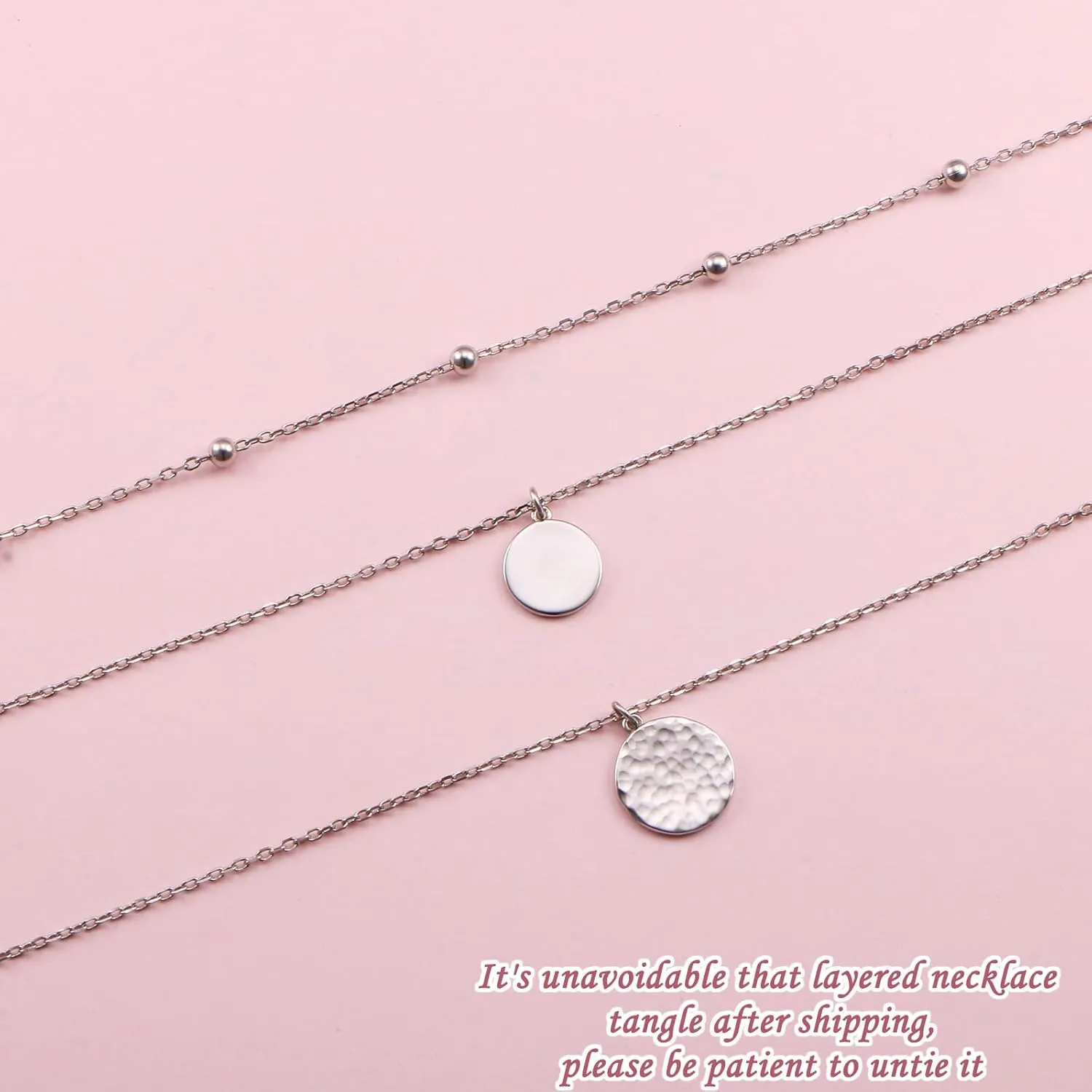 FLYOW Layered Necklace S925 Sterling Silver Triple Multilayer Necklace Long Chain Dainty Pendant Necklace for Women