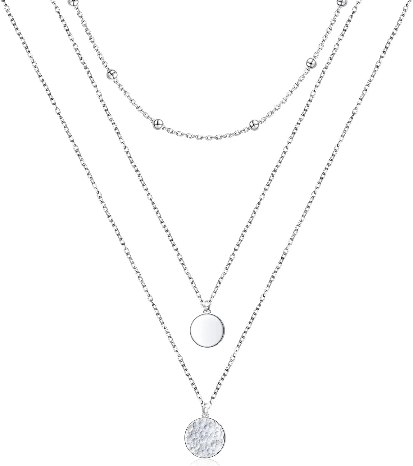 FLYOW Layered Necklace S925 Sterling Silver Triple Multilayer Necklace Long Chain Dainty Pendant Necklace for Women
