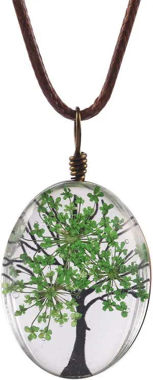 FM FM42 Life of Tree Multi Colors Queen Anne's Lace Dried Flowers Oval Pendant Necklace (4 Colors)