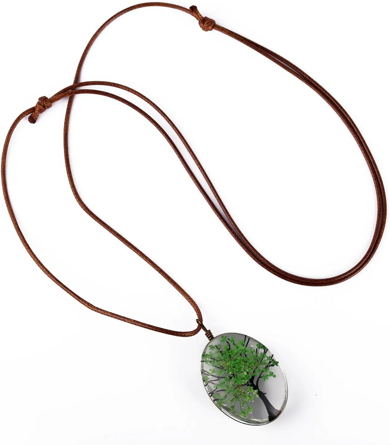 FM FM42 Life of Tree Multi Colors Queen Anne's Lace Dried Flowers Oval Pendant Necklace (4 Colors)