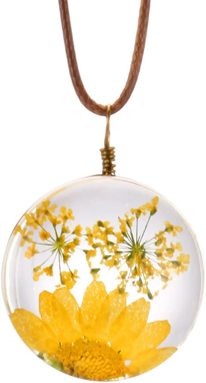 FM FM42 Queen Anne's Lace Daisy Pressed Flowers Transparent Round Pendant Necklace (7 Colors)