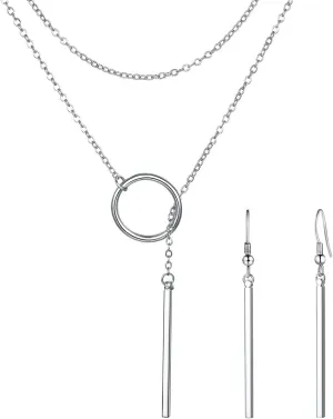 FOCALOOK Long Necklaces for Women 14K Gold Plated Dainty Drop Bar Pendant Lariat Y-Shaped Necklace Earring Set 28inch/73cm