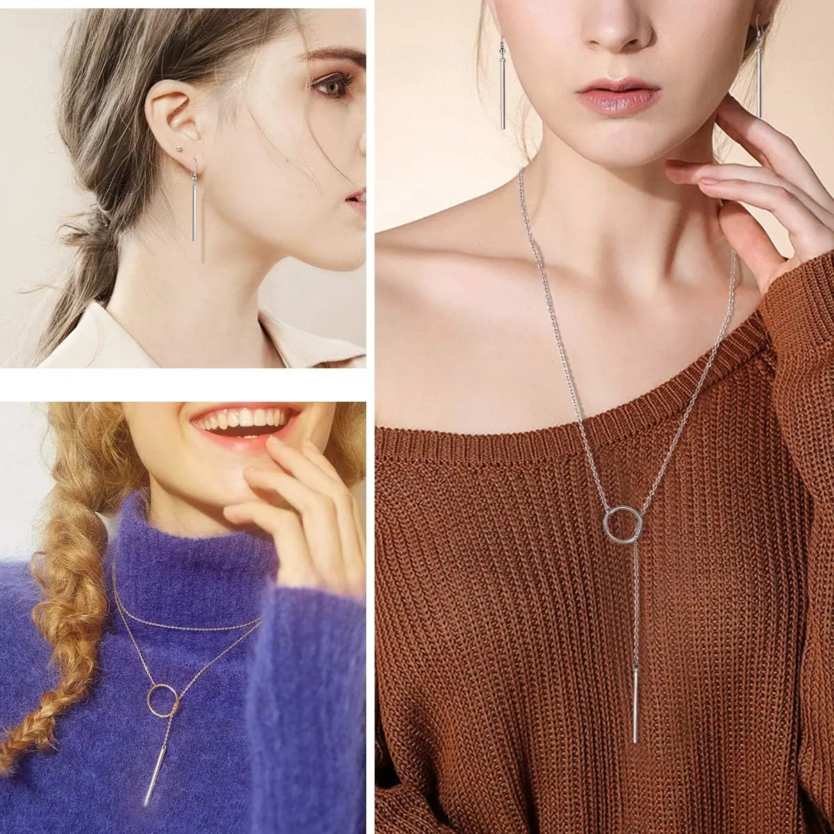 FOCALOOK Long Necklaces for Women 14K Gold Plated Dainty Drop Bar Pendant Lariat Y-Shaped Necklace Earring Set 28inch/73cm
