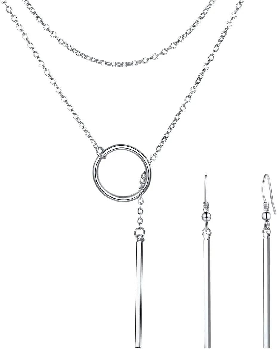 FOCALOOK Long Necklaces for Women 14K Gold Plated Dainty Drop Bar Pendant Lariat Y-Shaped Necklace Earring Set 28inch/73cm