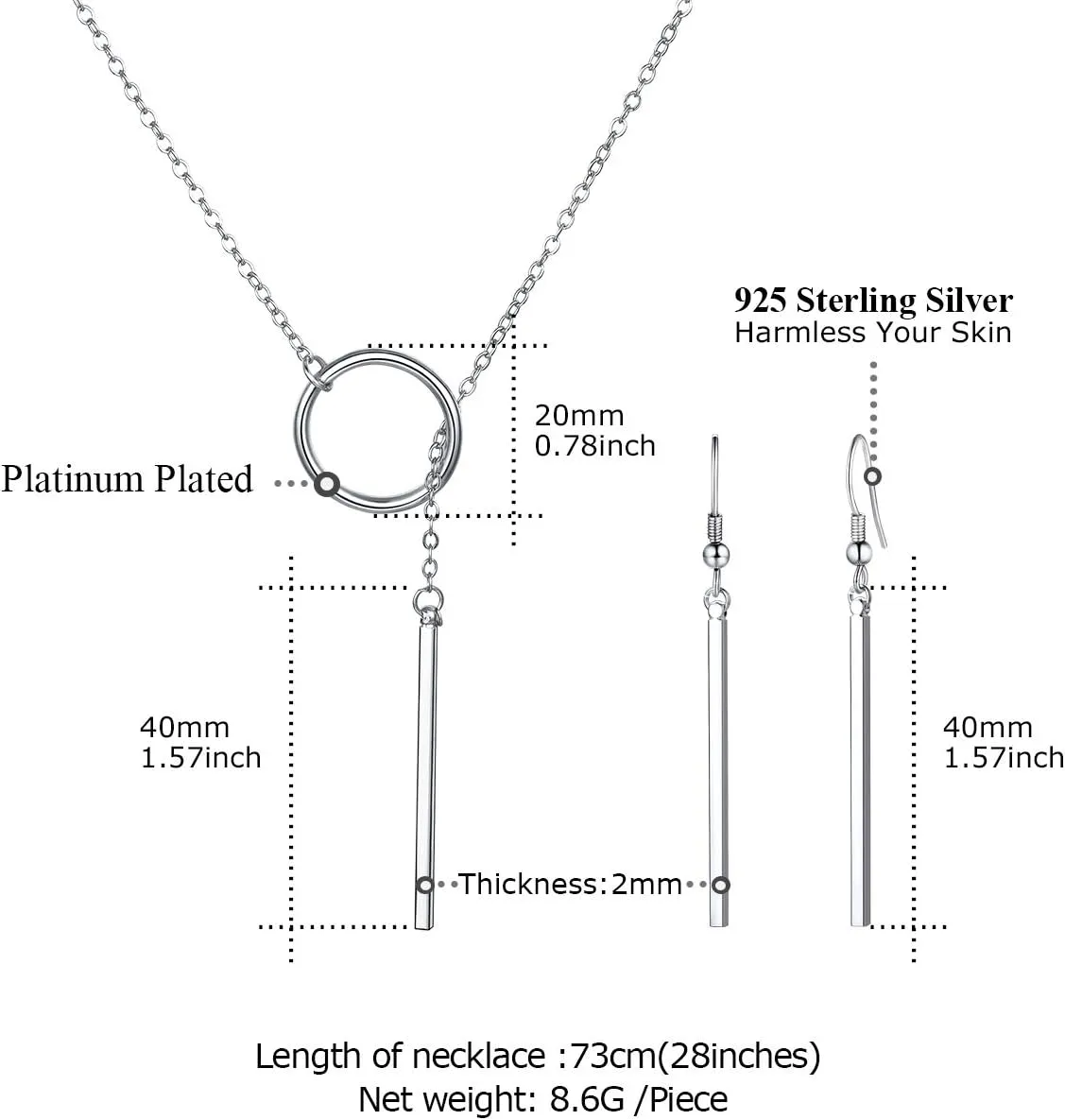 FOCALOOK Long Necklaces for Women 14K Gold Plated Dainty Drop Bar Pendant Lariat Y-Shaped Necklace Earring Set 28inch/73cm