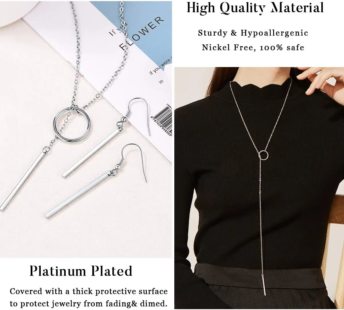 FOCALOOK Long Necklaces for Women 14K Gold Plated Dainty Drop Bar Pendant Lariat Y-Shaped Necklace Earring Set 28inch/73cm