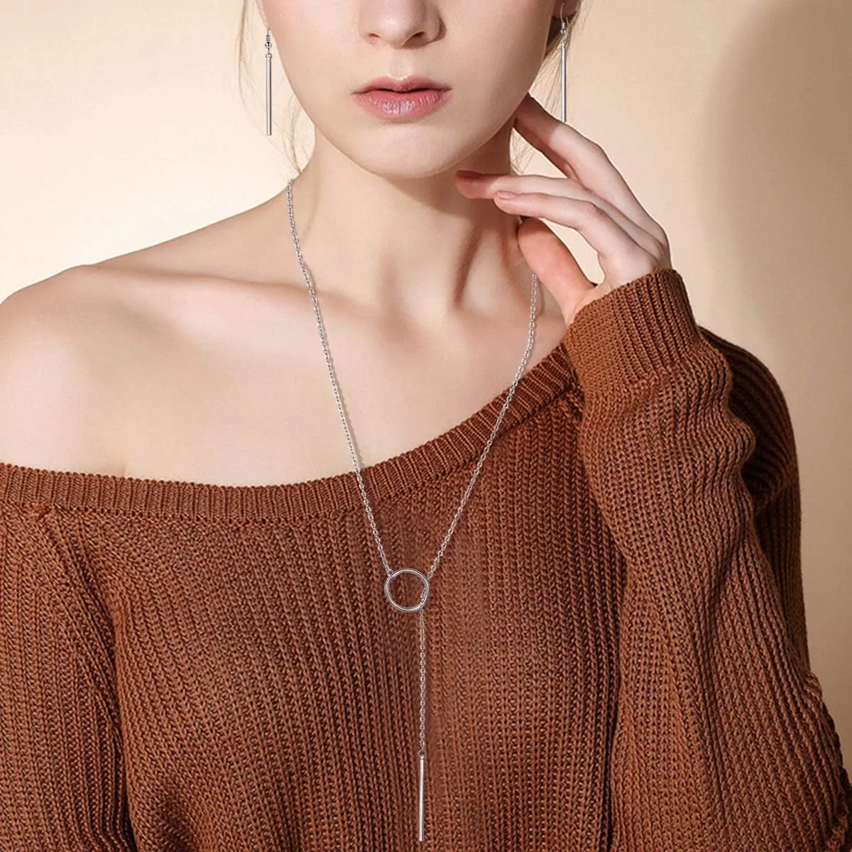 FOCALOOK Long Necklaces for Women 14K Gold Plated Dainty Drop Bar Pendant Lariat Y-Shaped Necklace Earring Set 28inch/73cm