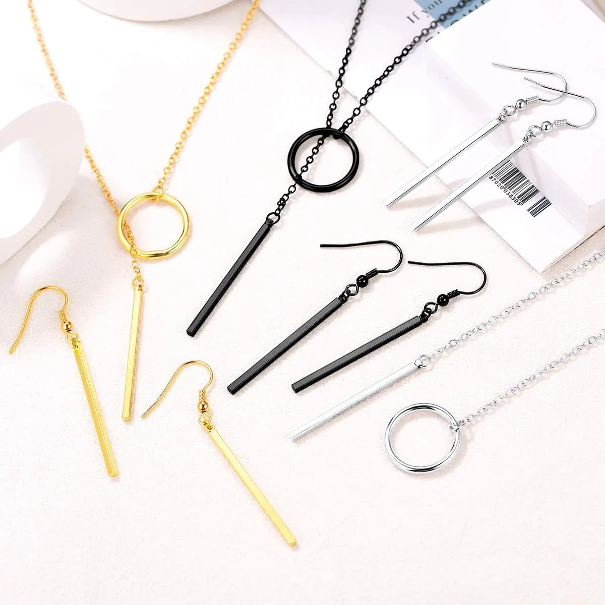 FOCALOOK Long Necklaces for Women 14K Gold Plated Dainty Drop Bar Pendant Lariat Y-Shaped Necklace Earring Set 28inch/73cm