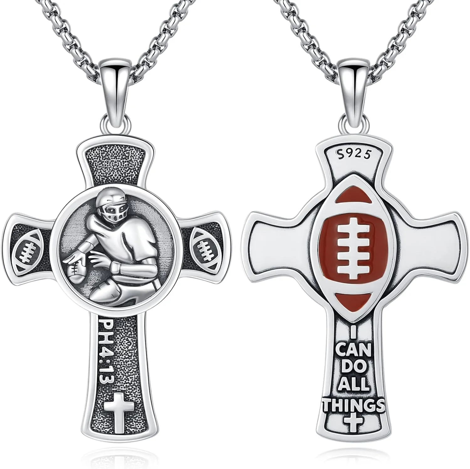 Football Cross Necklace 925 Sterling Silver Rugby Crosses Necklace Football Cross Pendant Sport Jewelry for Men Women