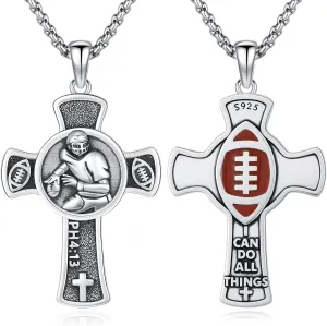 Football Cross Necklace 925 Sterling Silver Rugby Crosses Necklace Football Cross Pendant Sport Jewelry for Men Women