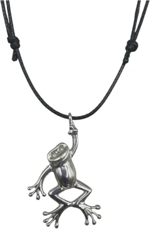 Friendly Hanging Tree Frog Necklace Crafted in 925 Sterling Silver, 3D Pendant Jewelry Gift for Women, Handmade in USA, with Black Waxed Cord