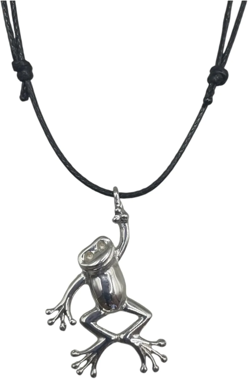 Friendly Hanging Tree Frog Necklace Crafted in 925 Sterling Silver, 3D Pendant Jewelry Gift for Women, Handmade in USA, with Black Waxed Cord