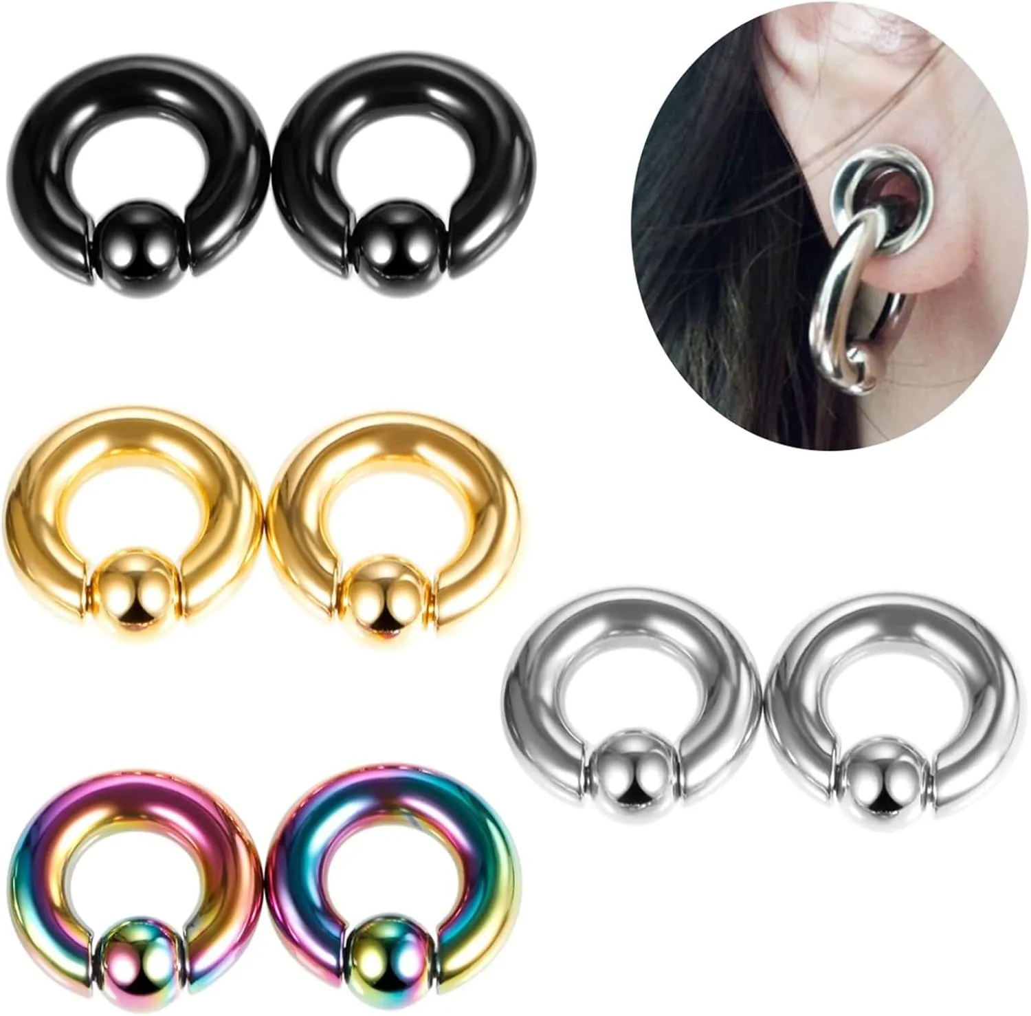 Gauge Expander, 2PCS Stainless Steel Ear Plugs 2mm-10mm Hoop With Ball Ear Gauge 00G Body Piercings Jewelry