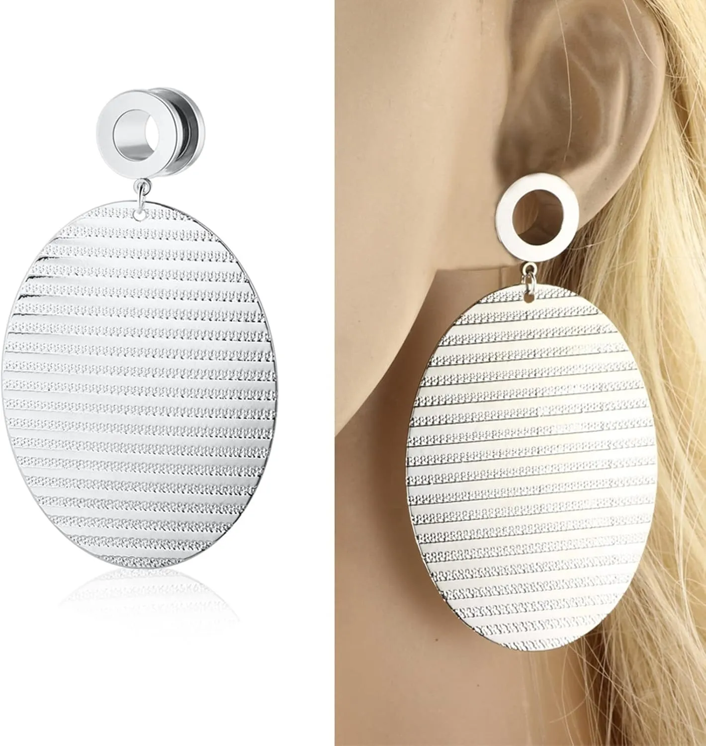 Gauge Tunnels, 2PCS Stainless Steel Tunnels Oval Pattern Dangle Ear Gauges 00G Piercing Jewelry Set