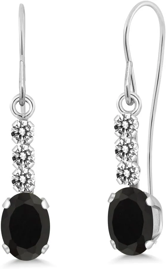 Gem Stone King 10K White Gold Black Onyx and White Diamond Drop Dangle Earrings For Women (0.98 Cttw, Gemstone December Birthstone, Oval 6X4MM)