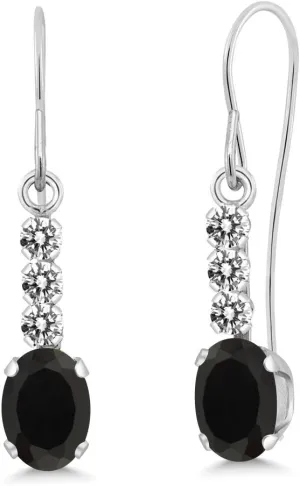 Gem Stone King 10K White Gold Black Onyx and White Diamond Drop Dangle Earrings For Women (0.98 Cttw, Gemstone December Birthstone, Oval 6X4MM)