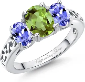 Gem Stone King 925 Sterling Silver Customized and Personalized Engagement Promise 3 Gemstone Birthstone Name Engraved Couple Mother's Ring For Women
