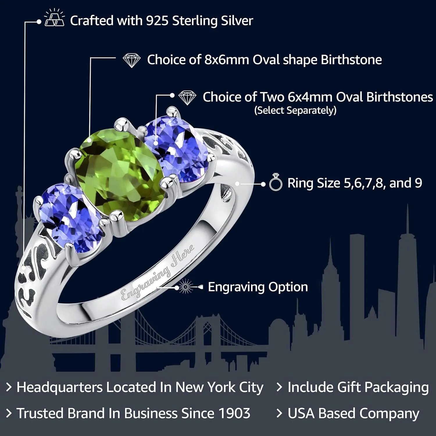 Gem Stone King 925 Sterling Silver Customized and Personalized Engagement Promise 3 Gemstone Birthstone Name Engraved Couple Mother's Ring For Women