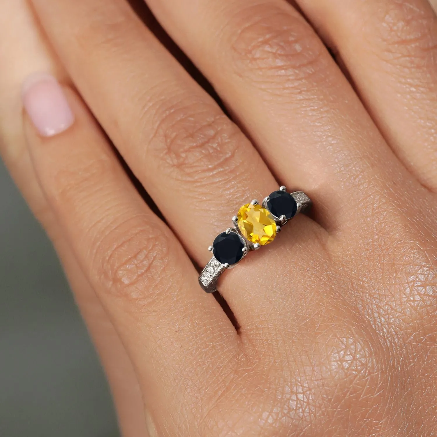 Gem Stone King 925 Sterling Silver Yellow Citrine and Black Onyx Ring For Women | 1.82 Cttw | Gemstone Birthstone | Available In Size 5, 6, 7, 8, 9