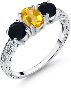 Gem Stone King 925 Sterling Silver Yellow Citrine and Black Onyx Ring For Women | 1.82 Cttw | Gemstone Birthstone | Available In Size 5, 6, 7, 8, 9