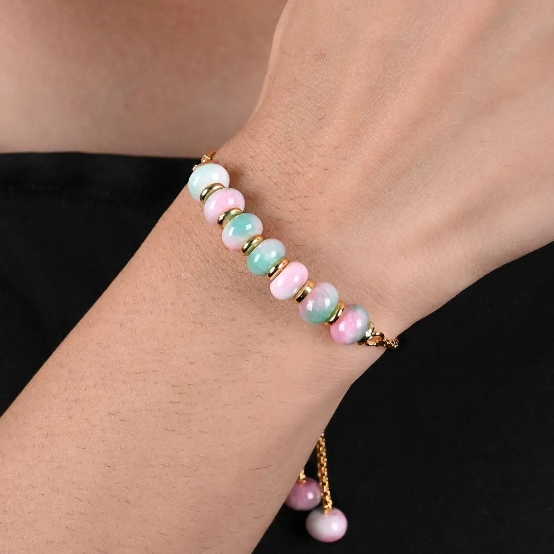 Gempires Natural Multi Color Jade Beaded Bracelet 8 mm Smooth Beads Crystal Jewelry Hypoallergenic 6-8 Inch Gold Plated Slider Bracelets For Women