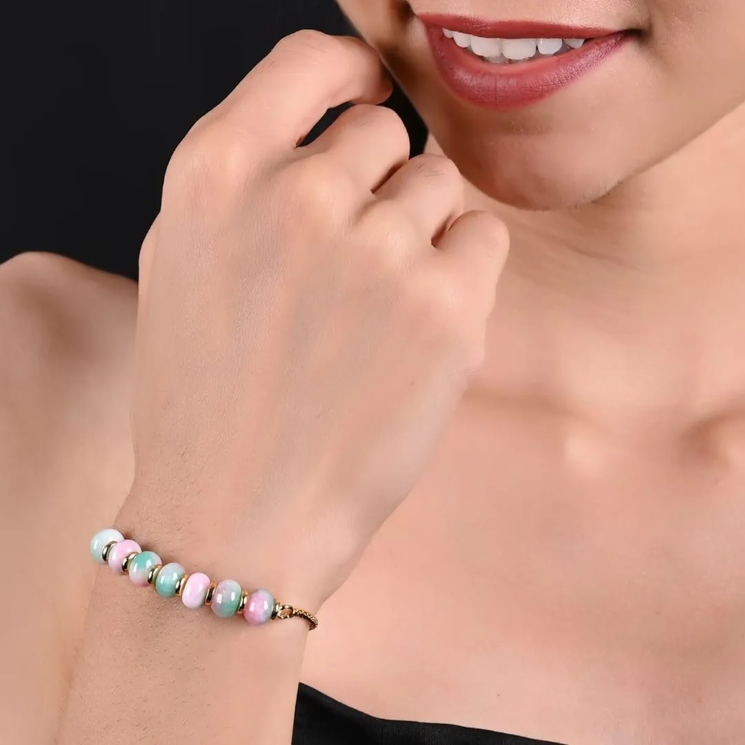 Gempires Natural Multi Color Jade Beaded Bracelet 8 mm Smooth Beads Crystal Jewelry Hypoallergenic 6-8 Inch Gold Plated Slider Bracelets For Women