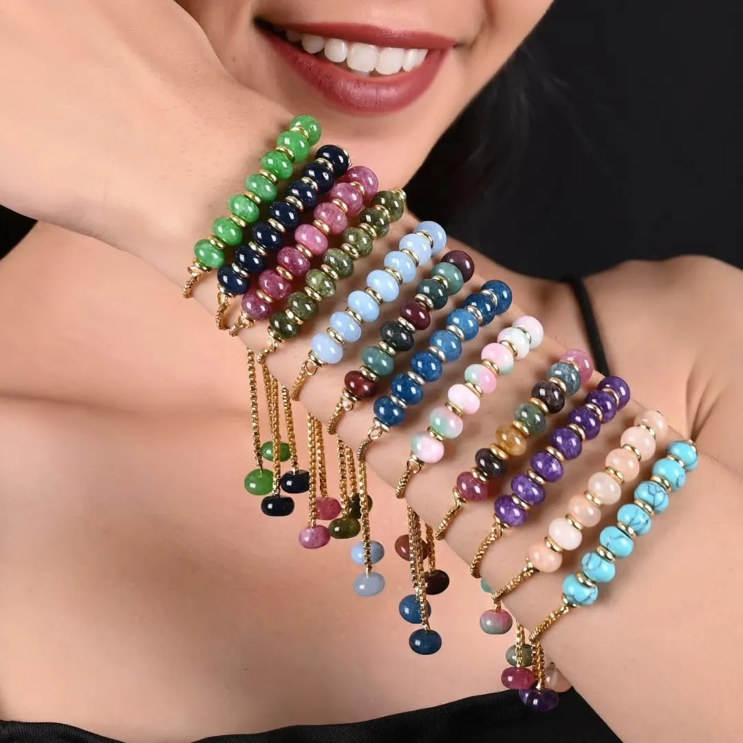 Gempires Natural Multi Color Jade Beaded Bracelet 8 mm Smooth Beads Crystal Jewelry Hypoallergenic 6-8 Inch Gold Plated Slider Bracelets For Women