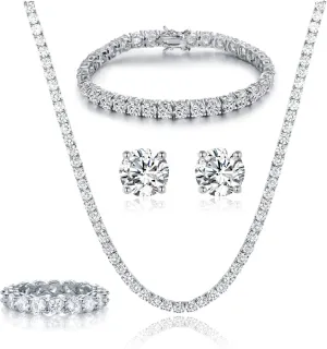 Gemsme 18K White Gold Plated Tennis Necklace/Bracelet/Earrings/Band Ring Sets Hypoallergenic Jewelry Pack of 4