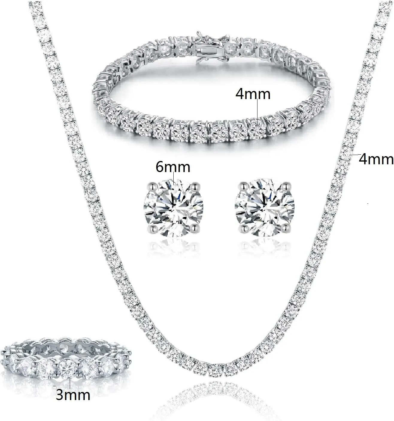 Gemsme 18K White Gold Plated Tennis Necklace/Bracelet/Earrings/Band Ring Sets Hypoallergenic Jewelry Pack of 4