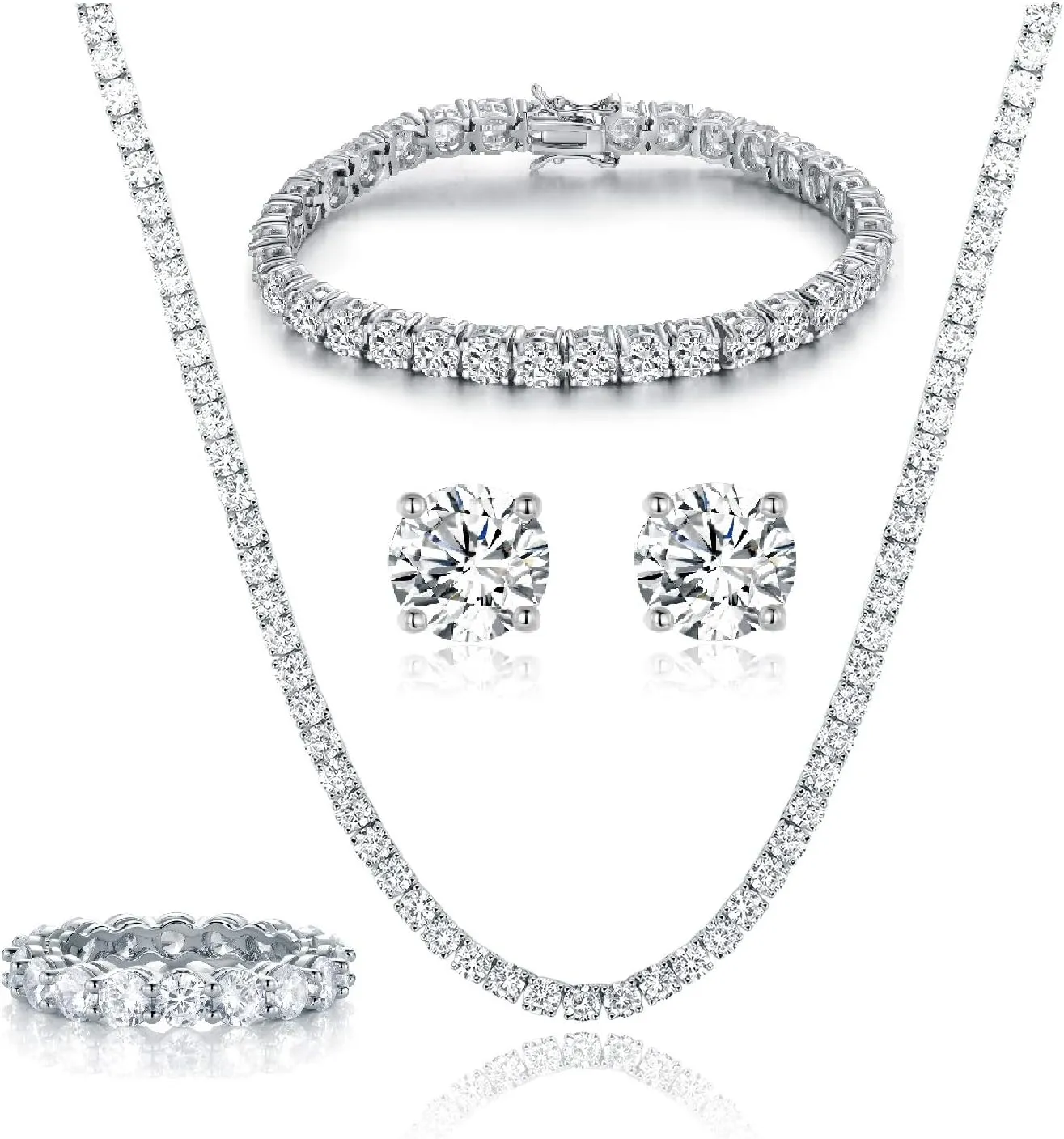 Gemsme 18K White Gold Plated Tennis Necklace/Bracelet/Earrings/Band Ring Sets Hypoallergenic Jewelry Pack of 4
