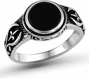 Genuine Solid 925 Sterling Silver Black Onyx Stone, Turkish Handmade Anatolian Motif Men's Ring Gift for Him
