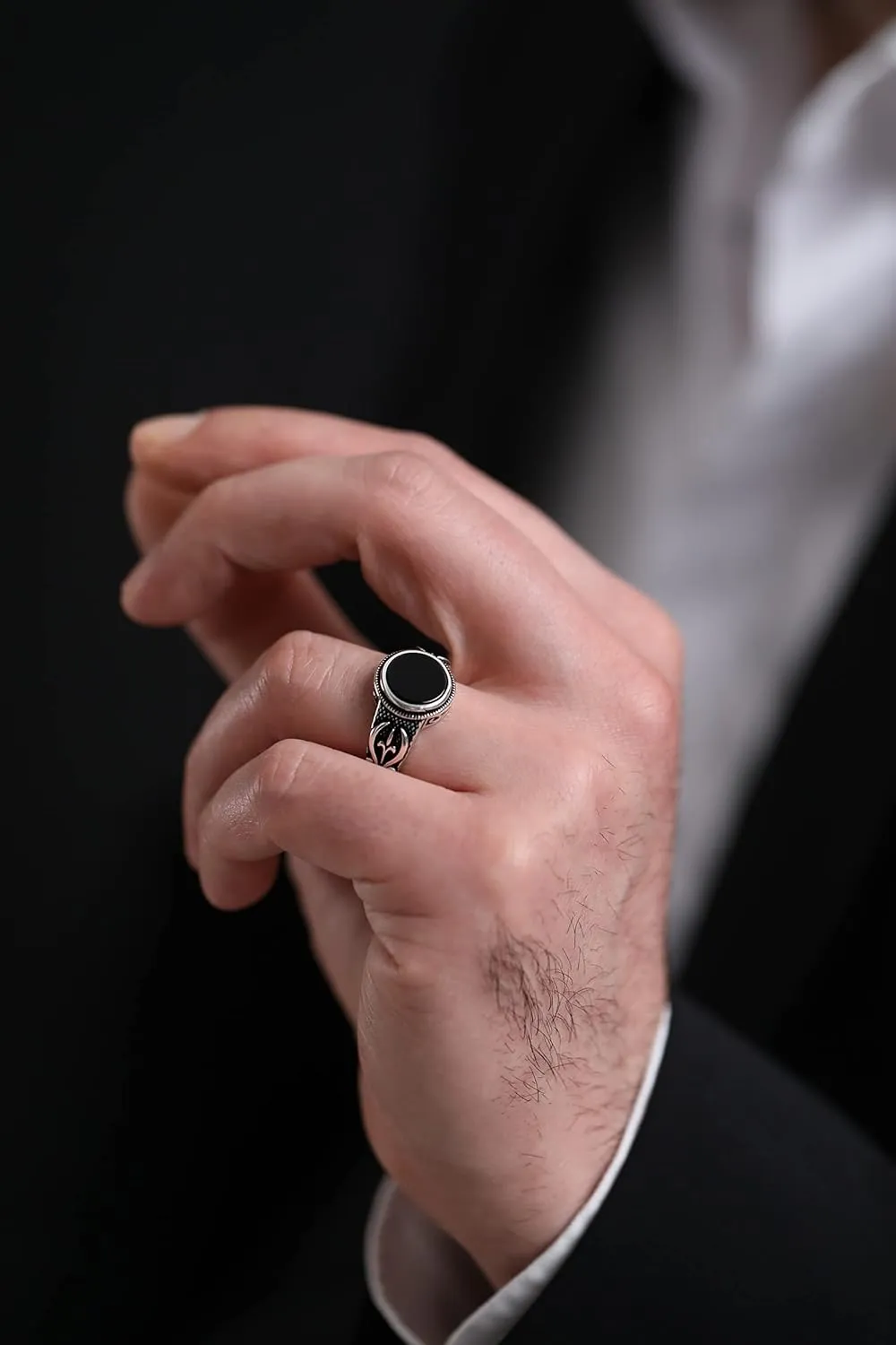 Genuine Solid 925 Sterling Silver Black Onyx Stone, Turkish Handmade Anatolian Motif Men's Ring Gift for Him