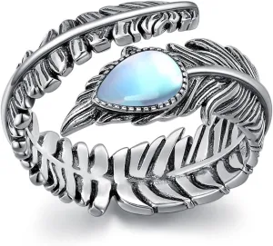 Genuine Turquoise/Moonstone Feather Ring for Women 925 Sterling Silver Oxidized Western Adjustable Ring Navajo Jewelry Gift for Birthday Mother's Day (Size 6-8.5)
