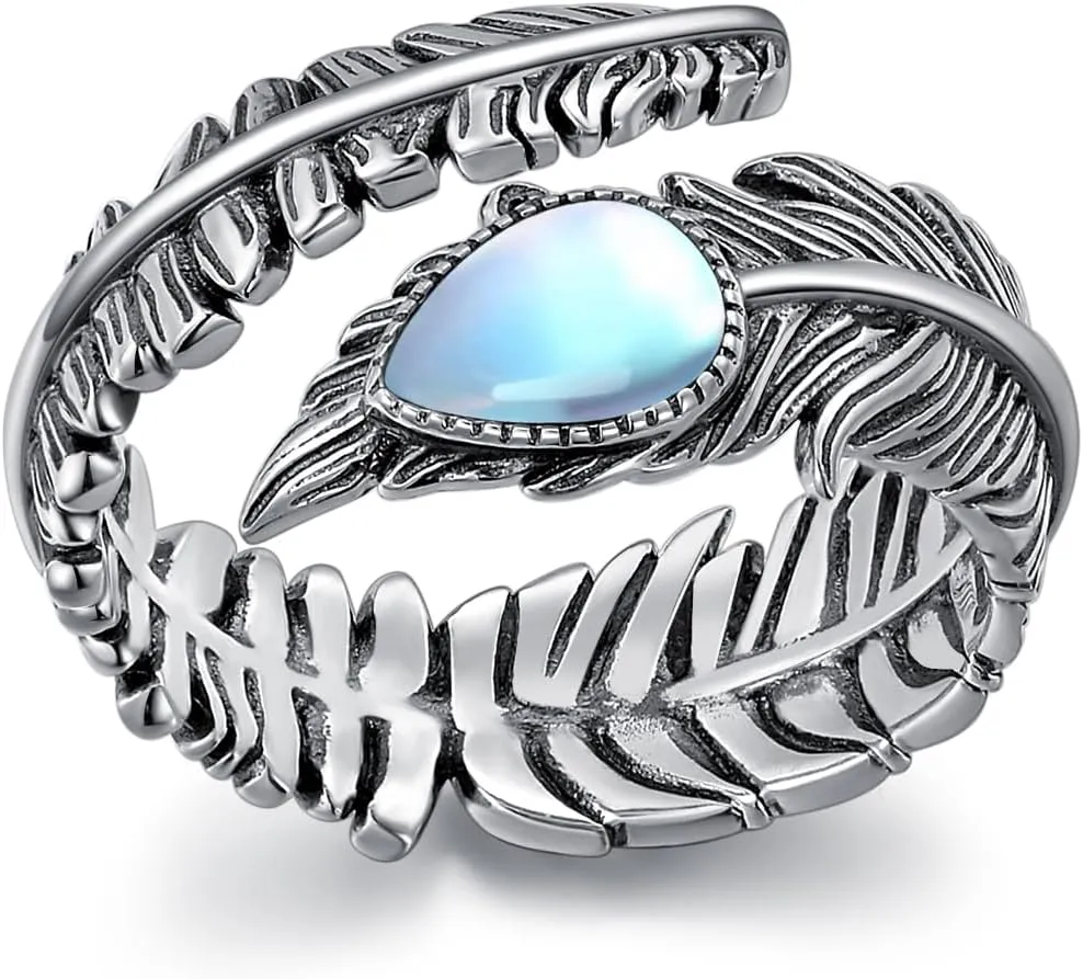Genuine Turquoise/Moonstone Feather Ring for Women 925 Sterling Silver Oxidized Western Adjustable Ring Navajo Jewelry Gift for Birthday Mother's Day (Size 6-8.5)
