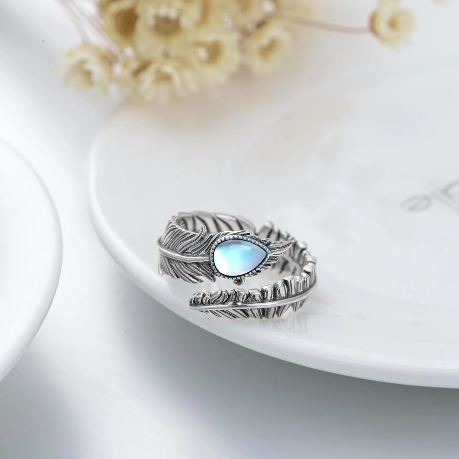 Genuine Turquoise/Moonstone Feather Ring for Women 925 Sterling Silver Oxidized Western Adjustable Ring Navajo Jewelry Gift for Birthday Mother's Day (Size 6-8.5)