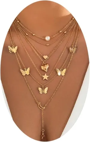 GIGB PBDK Layered Butterfly Necklace Set for Women Trendy Stars Moon Cross Pearl Heart Gold Chain Adjustable Stackable Gold Statement Choker Necklace Dainty Jewelry Gift Set