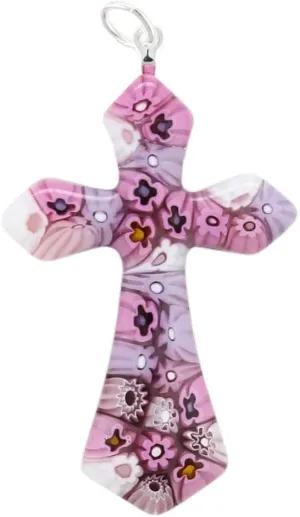 Glass Of Venice Murano Glass Tender Pink Millefiori Elegant Cross Pendant